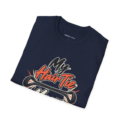 Graphic fitness T-shirt featuring the "My Hair Tie Means Business" design.
