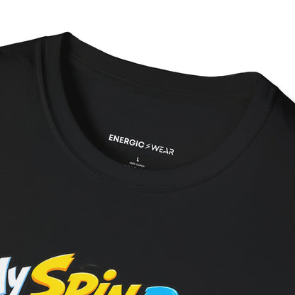 Graphic fitness T-shirt featuring the "My Spin Bike Goes Nowhere with Great Enthusiasm" design.