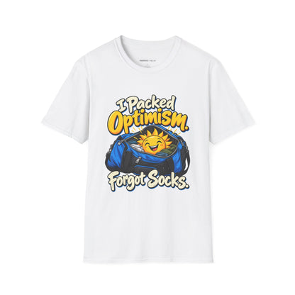 Graphic fitness T-shirt featuring the "I Packed Optimism Forgot Socks" design.