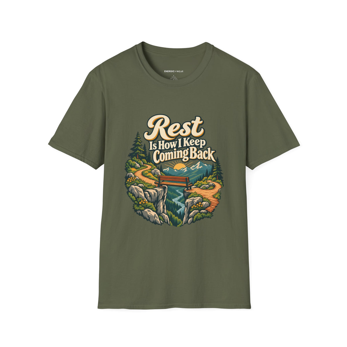 Graphic fitness T-shirt featuring the "Rest Is How I Keep Coming Back" design.