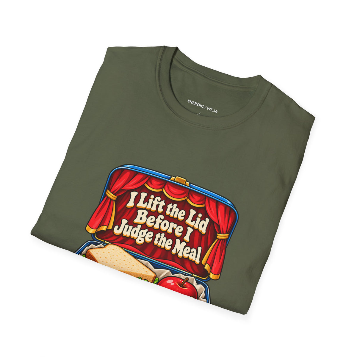 Graphic fitness T-shirt featuring the "I Lift the Lid Before I Judge the Meal" design.