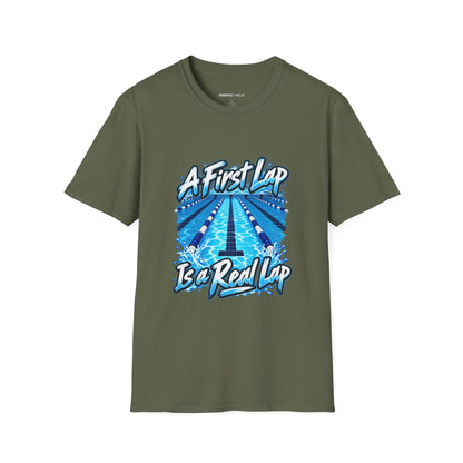 Graphic fitness T-shirt featuring the "A First Lap Is a Real Lap" design.