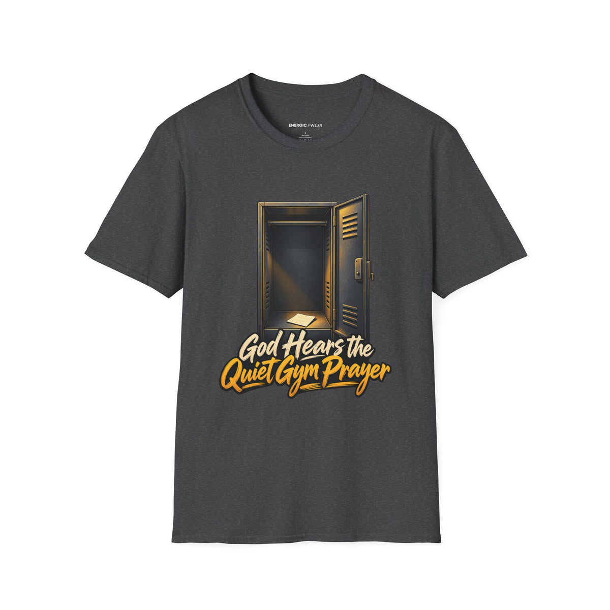 Graphic fitness T-shirt featuring the "God Hears the Quiet Gym Prayer" design.