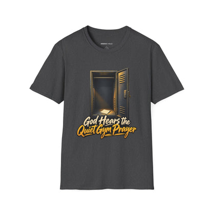 Graphic fitness T-shirt featuring the "God Hears the Quiet Gym Prayer" design.