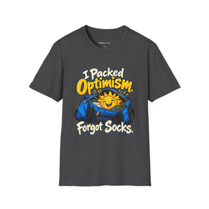 Graphic fitness T-shirt featuring the "I Packed Optimism Forgot Socks" design.