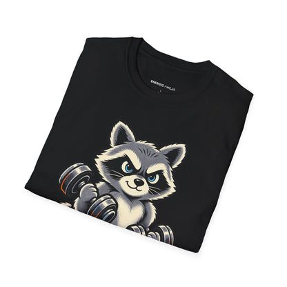 Graphic fitness T-shirt featuring the "Muscular Raccoon" design.