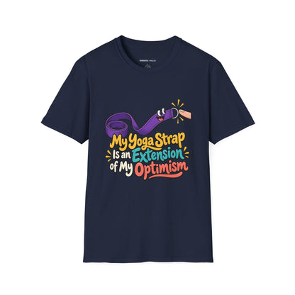 Graphic fitness T-shirt featuring the "My Yoga Strap Is an Extension of My Optimism" design.