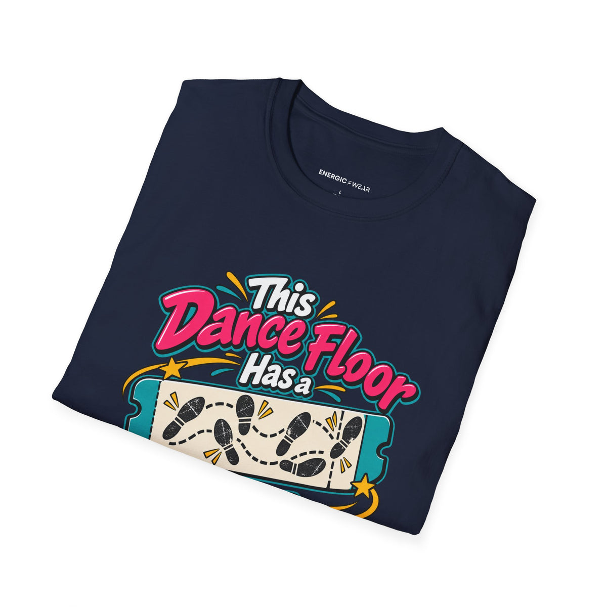 Graphic fitness T-shirt featuring the "This Dance Floor Has a Frequent-Flyer Program" design.