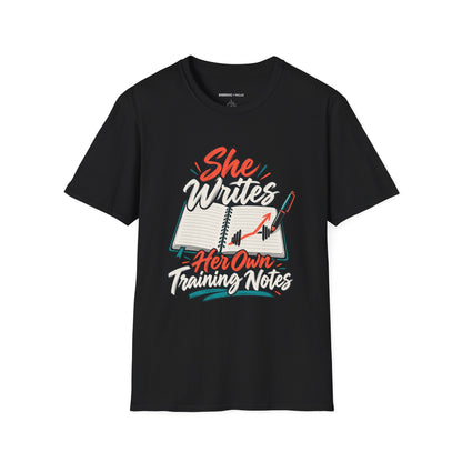 Graphic fitness T-shirt featuring the "She Writes Her Own Training Notes" design.