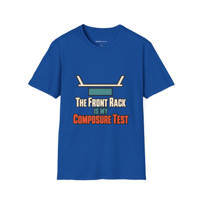 Graphic fitness T-shirt featuring the "The Front Rack Is My Composure Test" design.