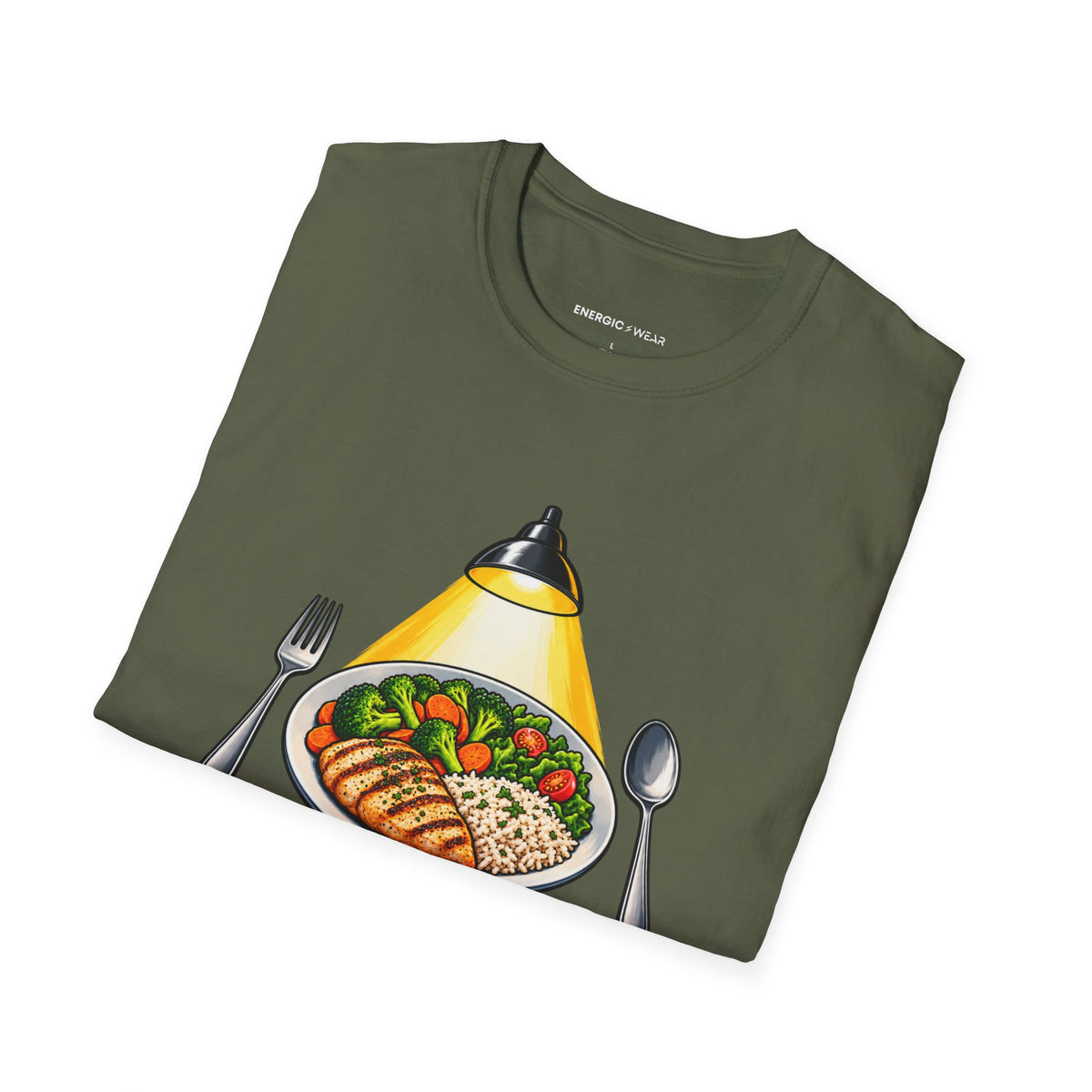 Graphic fitness T-shirt featuring the "I Plate My Food with Championship Focus" design.