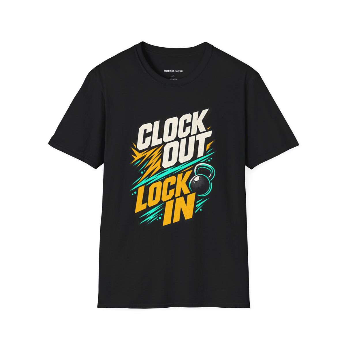 Graphic fitness T-shirt featuring the "Clock Out, Lock In" design.