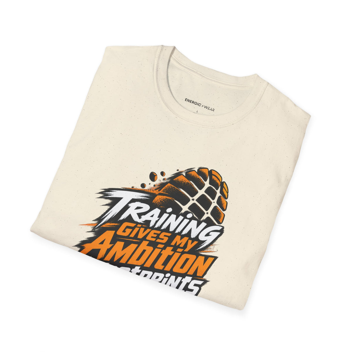 Graphic fitness T-shirt featuring the "Training Gives My Ambition Footprints" design.