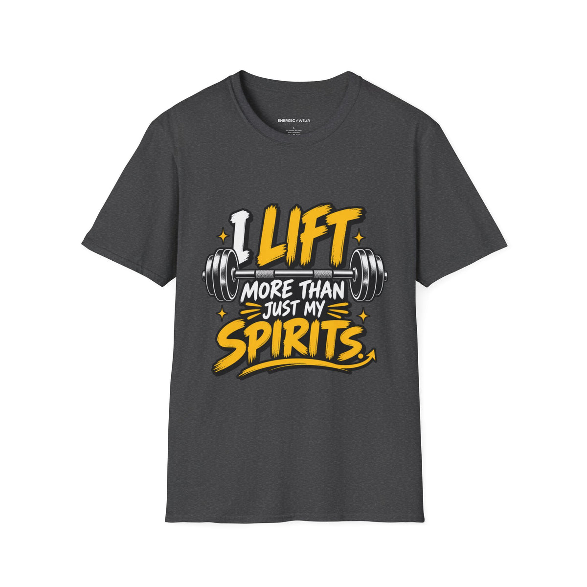 Graphic fitness T-shirt featuring the "I Lift More Than My Spirits" design.