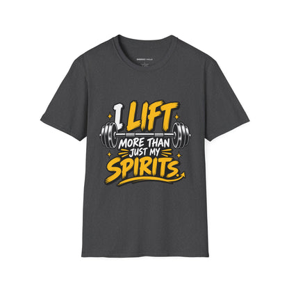 Graphic fitness T-shirt featuring the "I Lift More Than My Spirits" design.