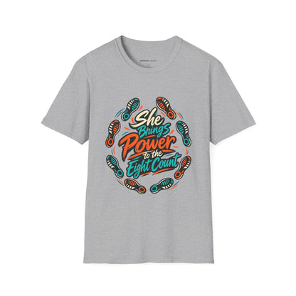 Graphic fitness T-shirt featuring the "She Brings Power to the Eight Count" design.
