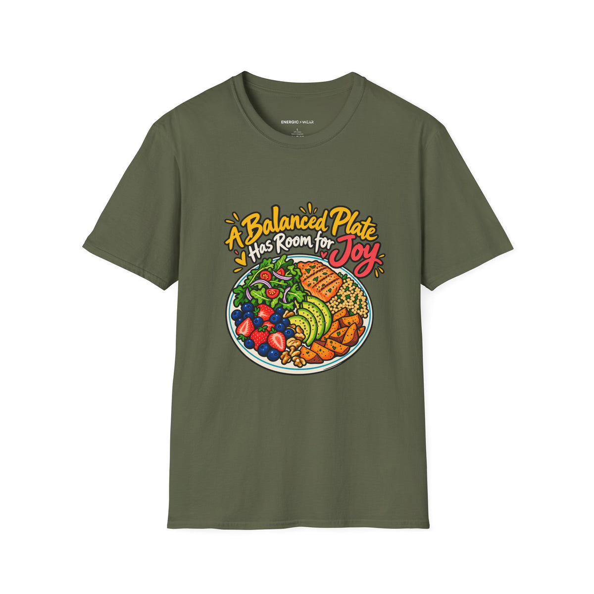 Graphic fitness T-shirt featuring the "A Balanced Plate Has Room for Joy" design.