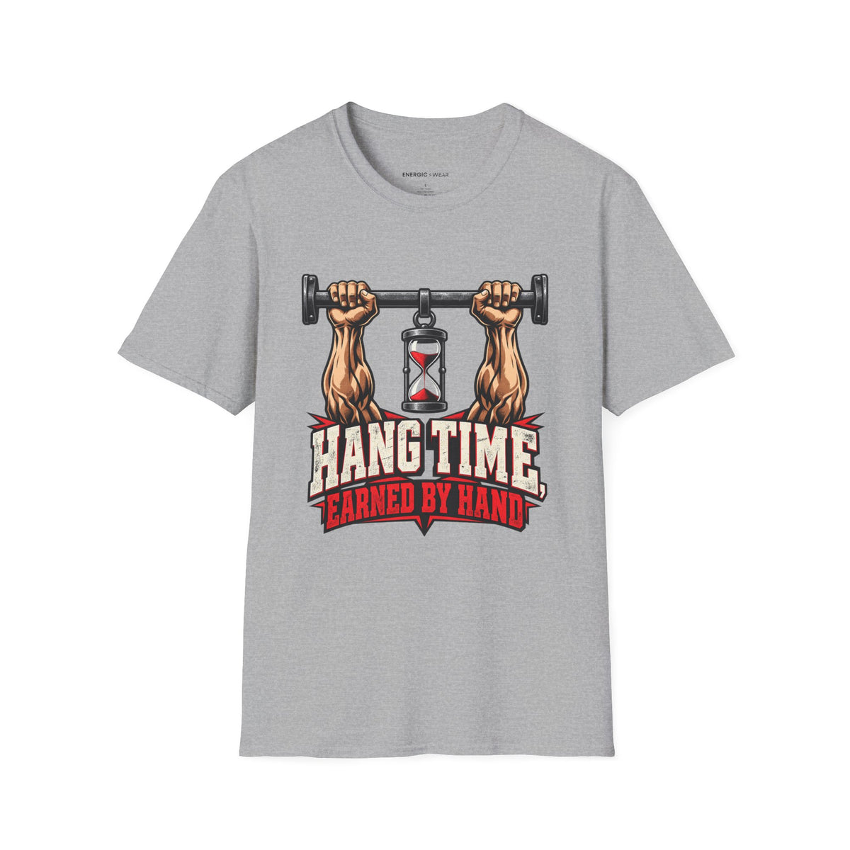 Graphic fitness T-shirt featuring the "Hang Time Earned by Hand" design.