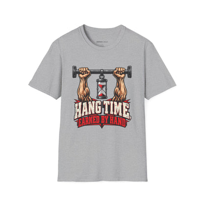 Graphic fitness T-shirt featuring the "Hang Time Earned by Hand" design.