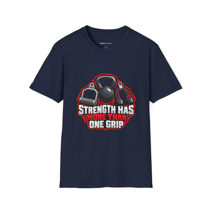 Graphic fitness T-shirt featuring the "Strength Has More Than One Grip" design.