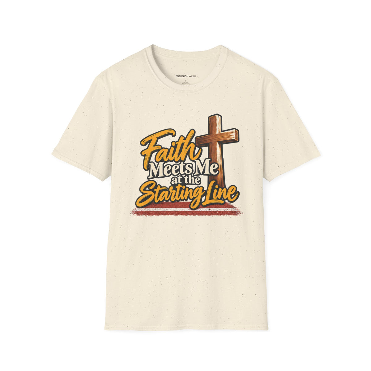 Graphic fitness T-shirt featuring the "Faith Meets Me at the Starting Line" design.