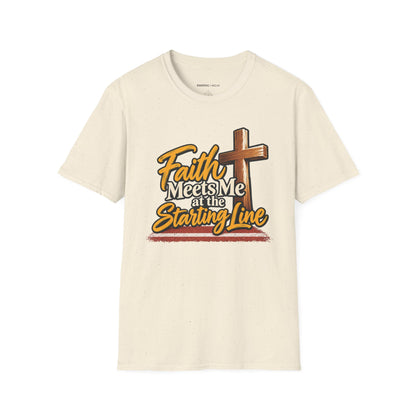 Graphic fitness T-shirt featuring the "Faith Meets Me at the Starting Line" design.