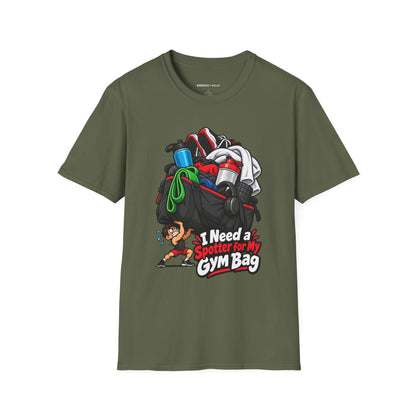 Graphic fitness T-shirt featuring the "I Need a Spotter for My Gym Bag" design.