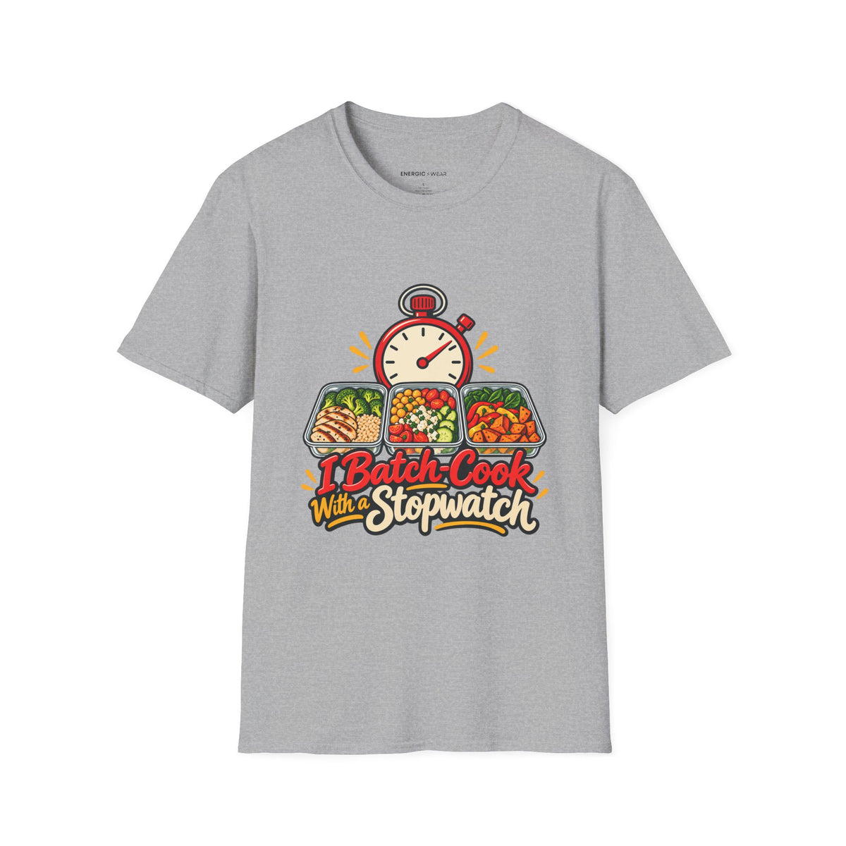 Graphic fitness T-shirt featuring the "I Batch-Cook with a Stopwatch" design.