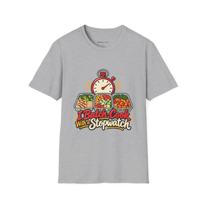 Graphic fitness T-shirt featuring the "I Batch-Cook with a Stopwatch" design.