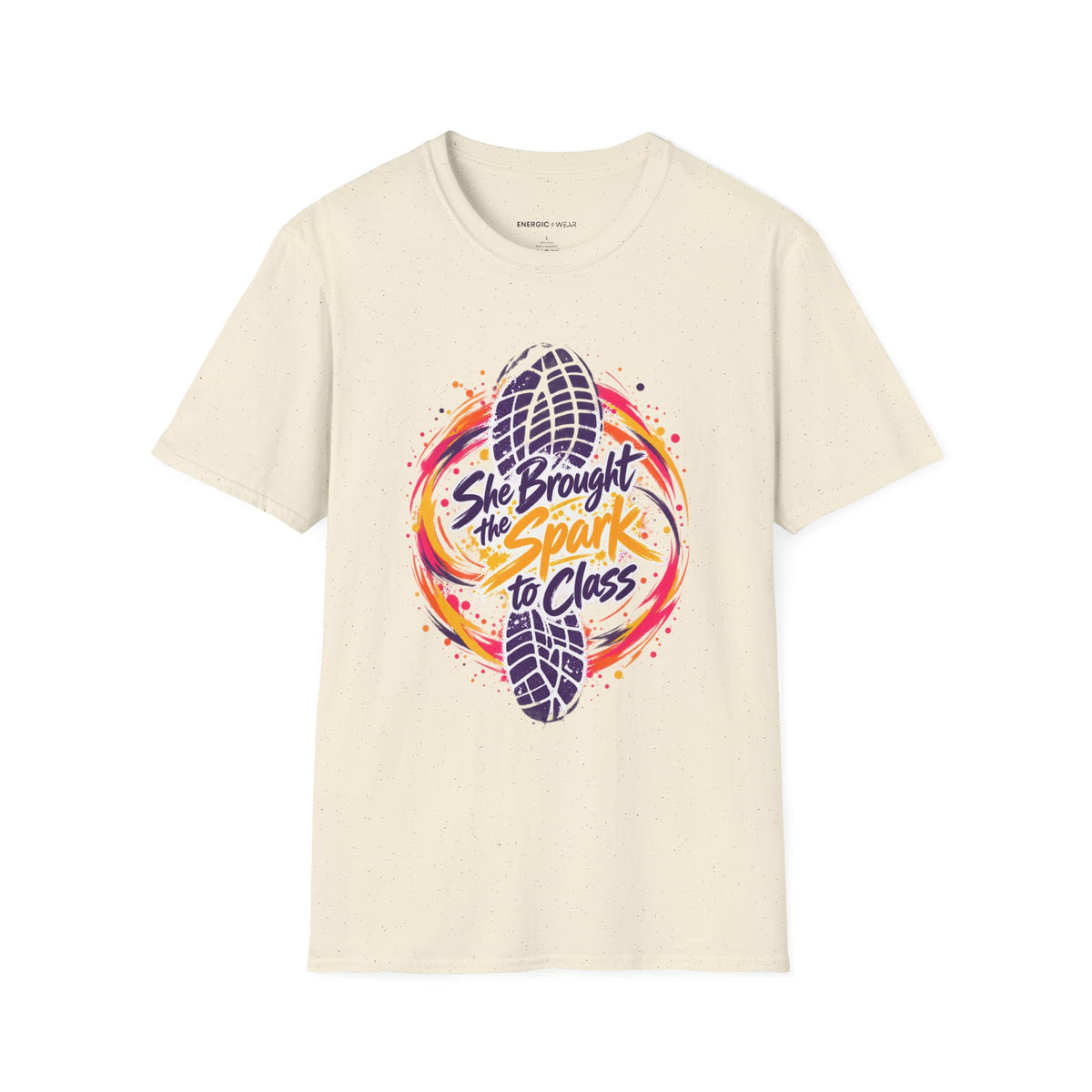 Graphic fitness T-shirt featuring the "She Brought the Spark to Class" design.
