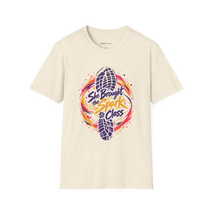 Graphic fitness T-shirt featuring the "She Brought the Spark to Class" design.
