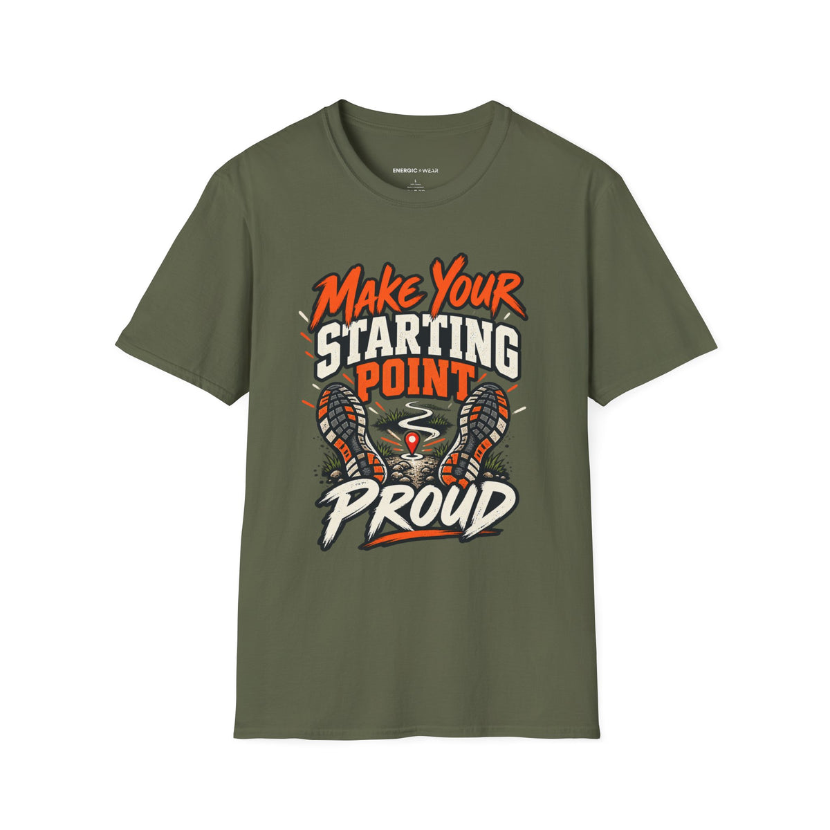 Graphic fitness T-shirt featuring the "Make Your Starting Point Proud" design.