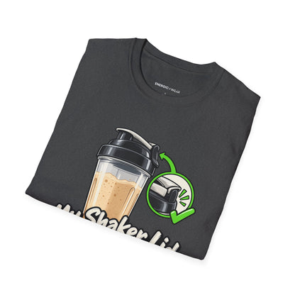 Graphic fitness T-shirt featuring the "My Shaker Lid Demands a Pre-Flight Check" design.