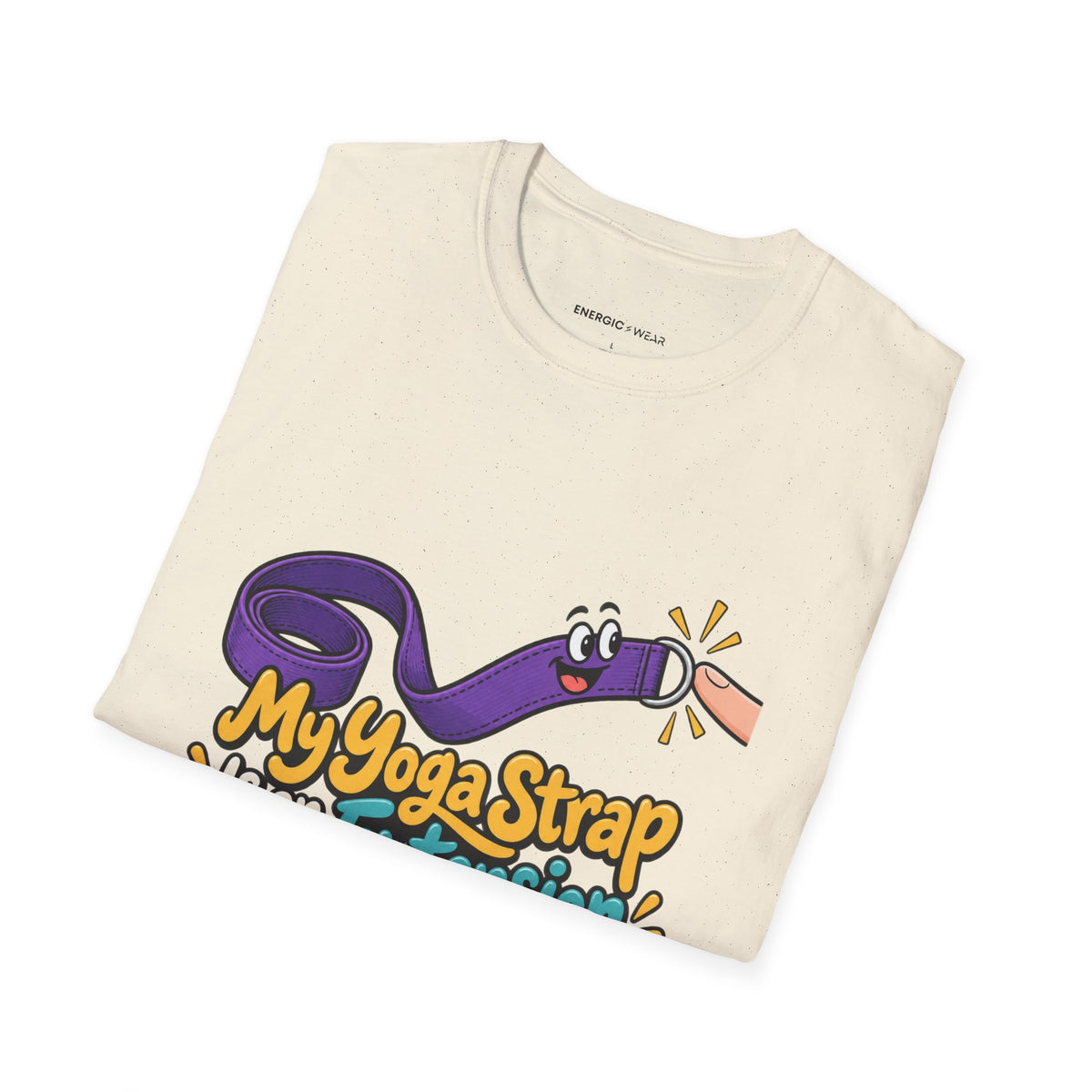 Graphic fitness T-shirt featuring the "My Yoga Strap Is an Extension of My Optimism" design.