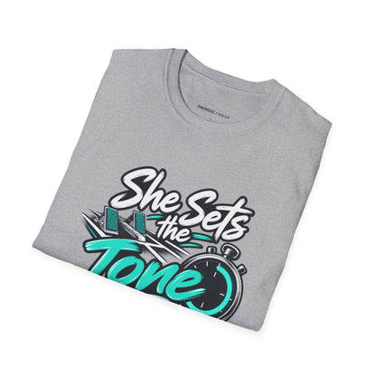 Graphic fitness T-shirt featuring the "She Sets the Tone Before the Timer" design.