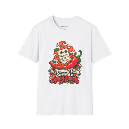 Graphic fitness T-shirt featuring the "The Training Plan Survived a Spicy Lunch" design.