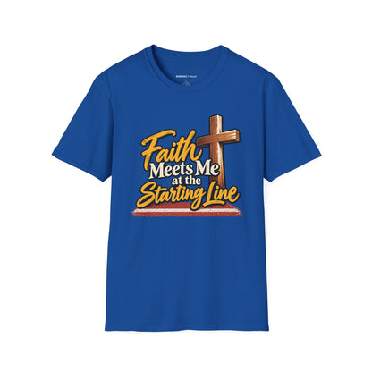 Graphic fitness T-shirt featuring the "Faith Meets Me at the Starting Line" design.