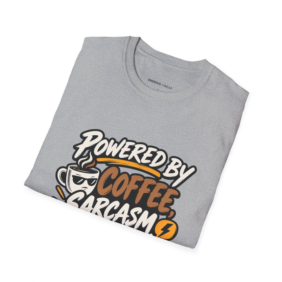 Graphic fitness T-shirt featuring the "Powered by Coffee, Sarcasm and Squats" design.
