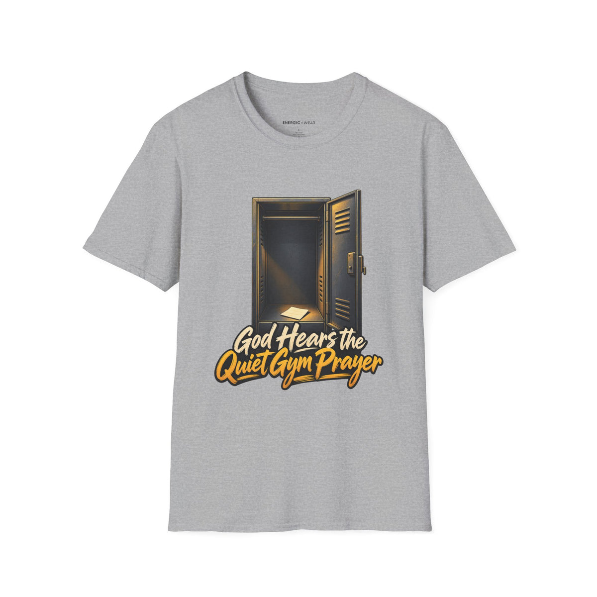 Graphic fitness T-shirt featuring the "God Hears the Quiet Gym Prayer" design.