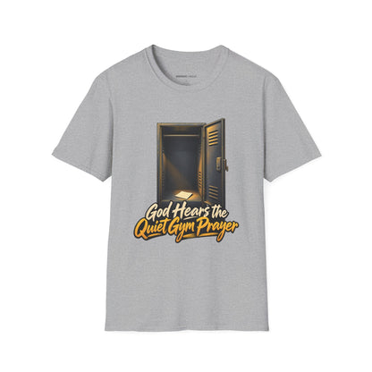 Graphic fitness T-shirt featuring the "God Hears the Quiet Gym Prayer" design.