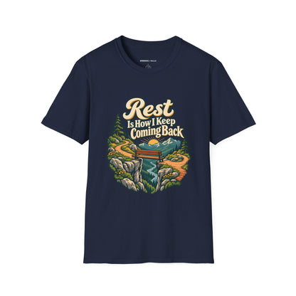 Graphic fitness T-shirt featuring the "Rest Is How I Keep Coming Back" design.