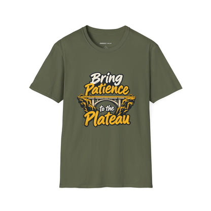 Graphic fitness T-shirt featuring the "Bring Patience to the Plateau" design.