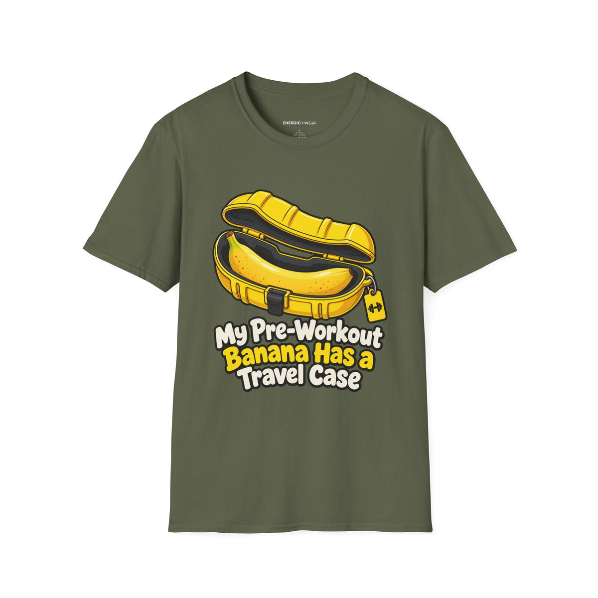 Graphic fitness T-shirt featuring the "My Pre-Workout Banana Has a Travel Case" design.