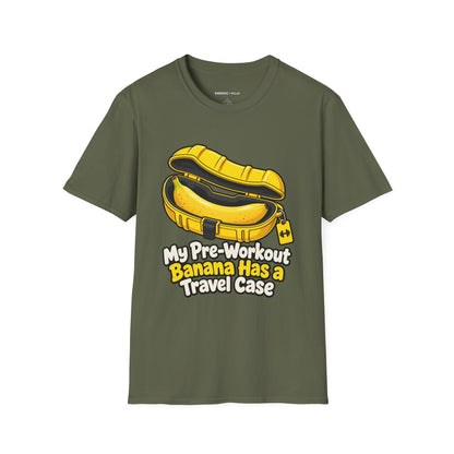 Graphic fitness T-shirt featuring the "My Pre-Workout Banana Has a Travel Case" design.