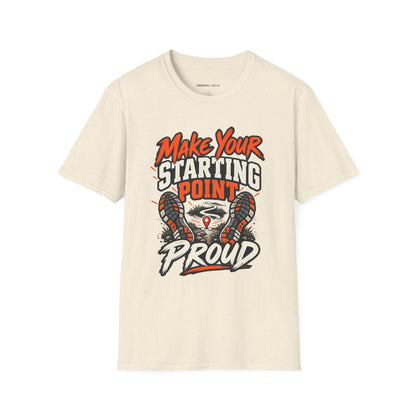 Graphic fitness T-shirt featuring the "Make Your Starting Point Proud" design.