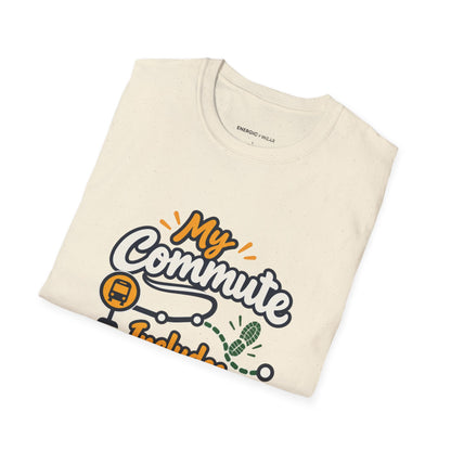 Graphic fitness T-shirt featuring the "My Commute Includes a Little Movement" design.