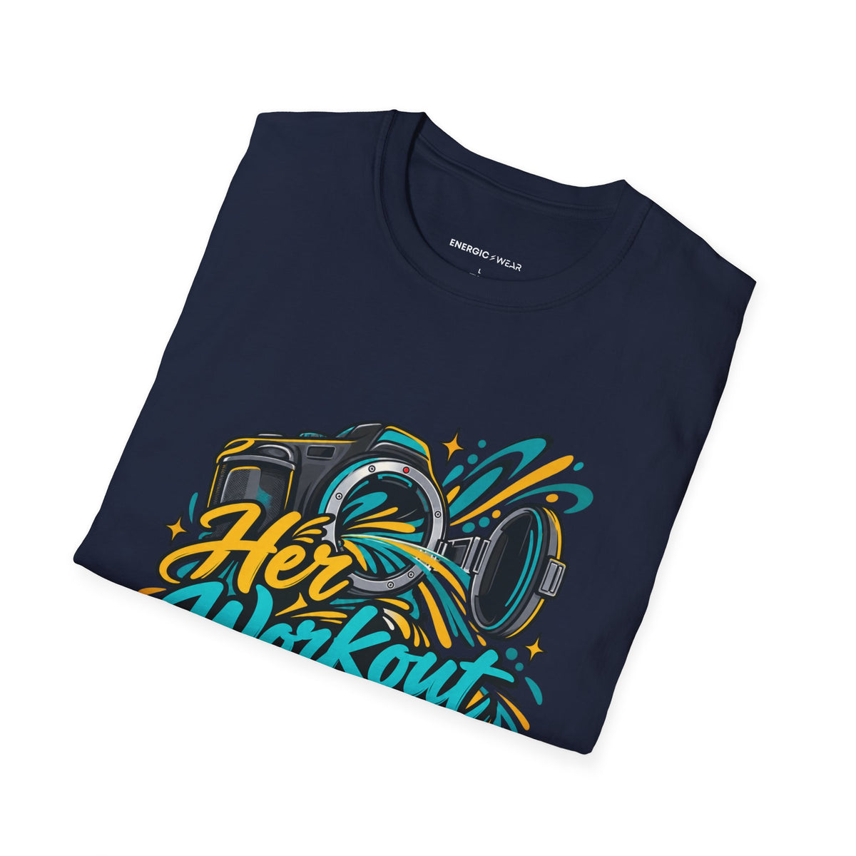 Graphic fitness T-shirt featuring the "Her Workout Doesn't Need a Before Photo" design.