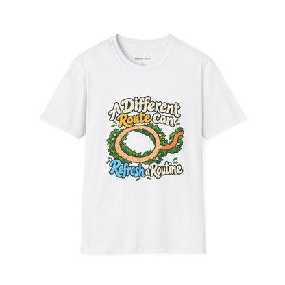 Graphic fitness T-shirt featuring the "A Different Route Can Refresh a Routine" design.