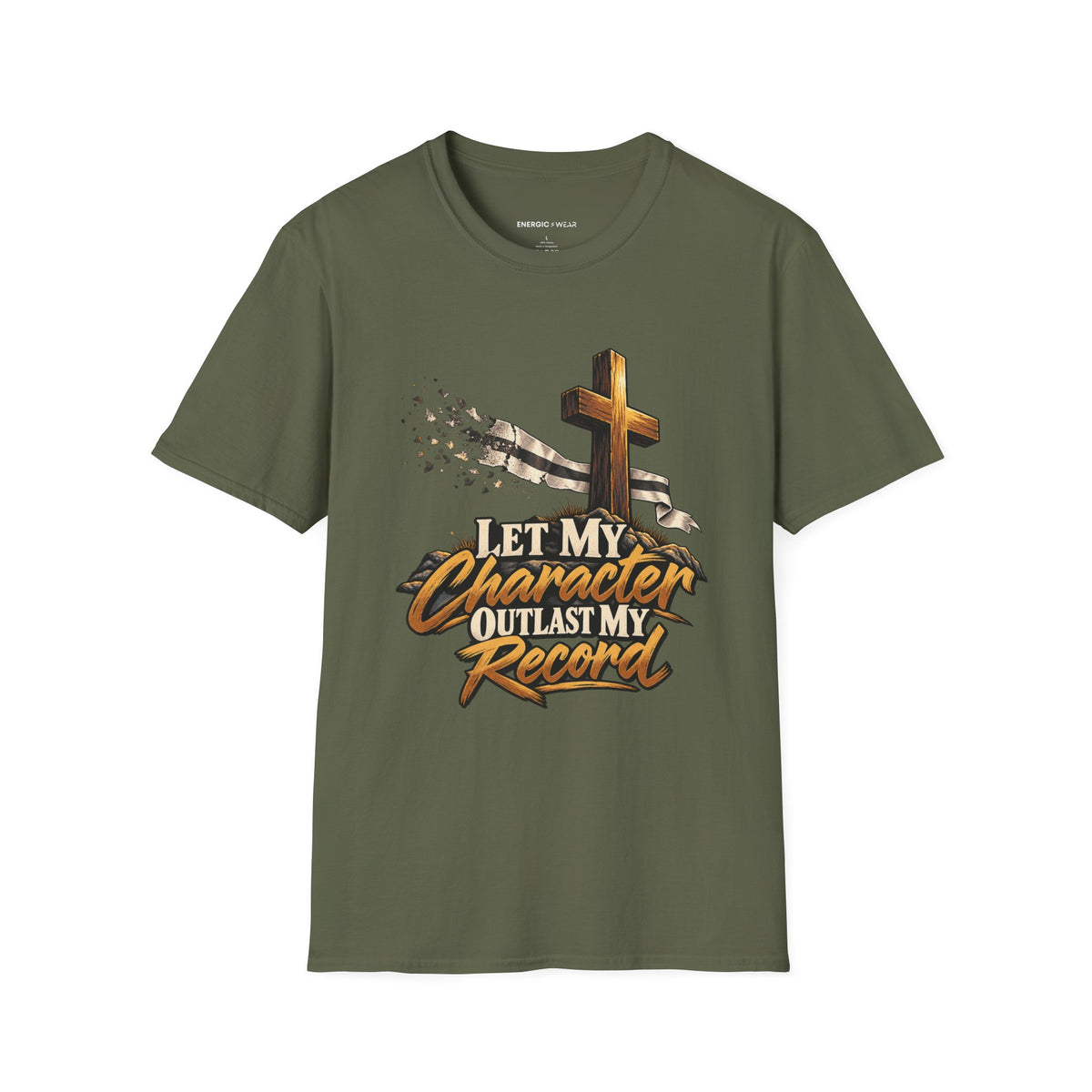 Graphic fitness T-shirt featuring the "Let My Character Outlast My Record" design.