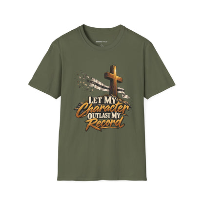 Graphic fitness T-shirt featuring the "Let My Character Outlast My Record" design.